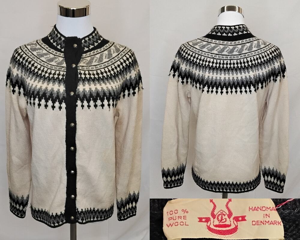 Vintage Handmade Sweater Women's M Cream Danish Wool Fair Isle Cardigan #Z5783